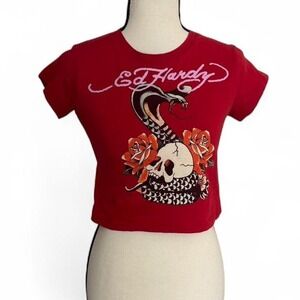 Ed Hardy Cropped Graphic Tee Red Youth Small XXS Fit